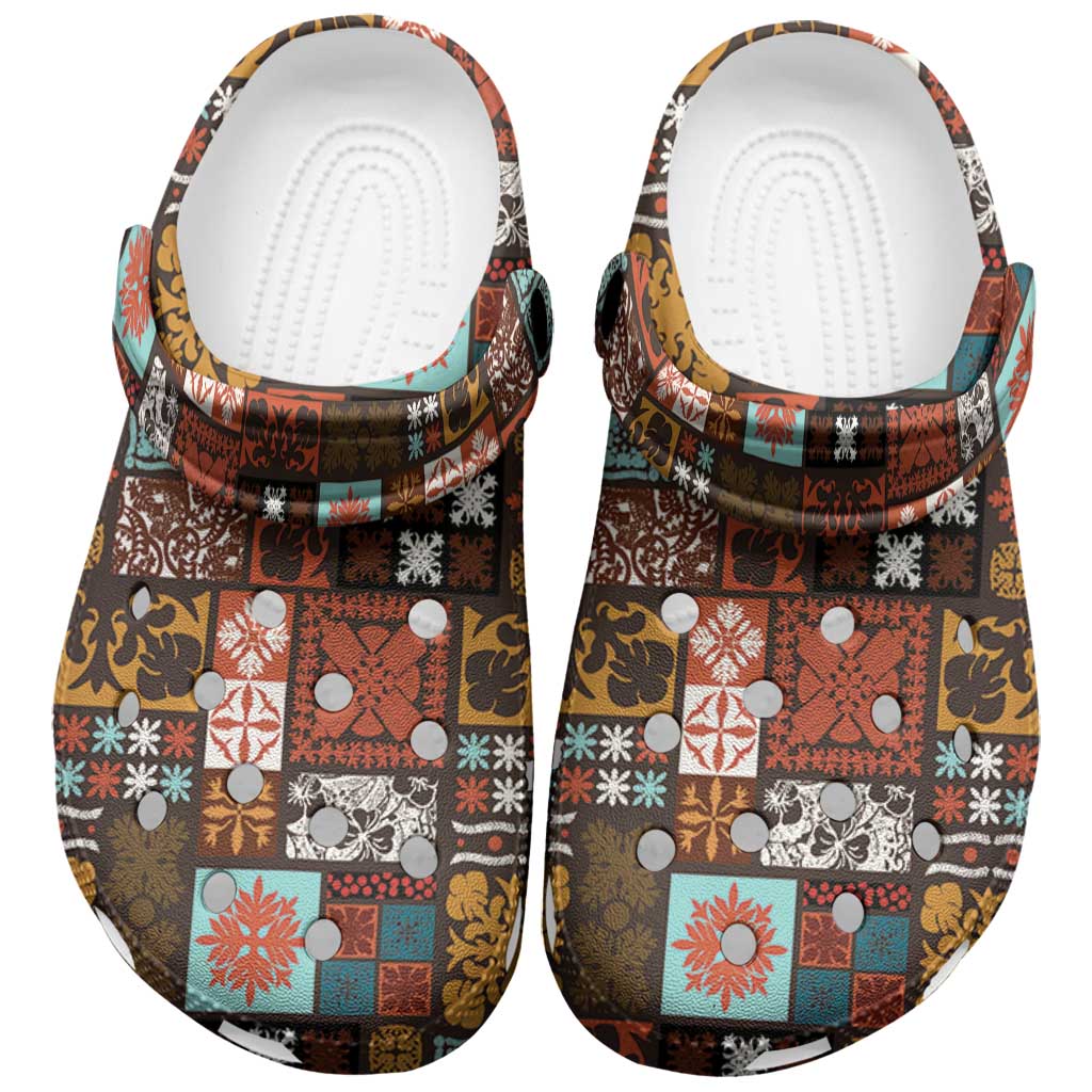 Vintage Hawaiian Quilting Patterns Clogs Shoes Brown Style Tribal Fabric Patchwork - Polynesian Pride