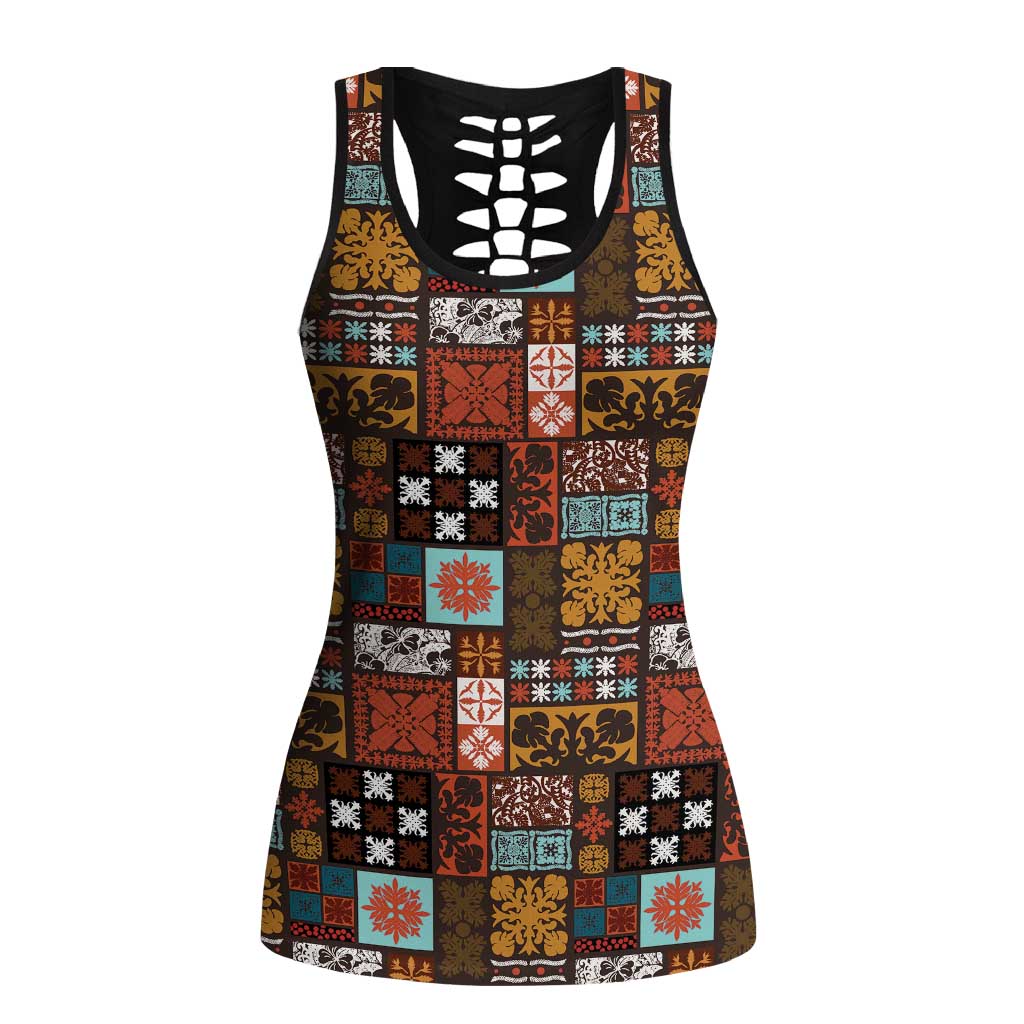 Vintage Hawaiian Quilting Patterns Hollow Tank Top Brown Style Tribal Fabric Patchwork LT9 Female Brown - Polynesian Pride