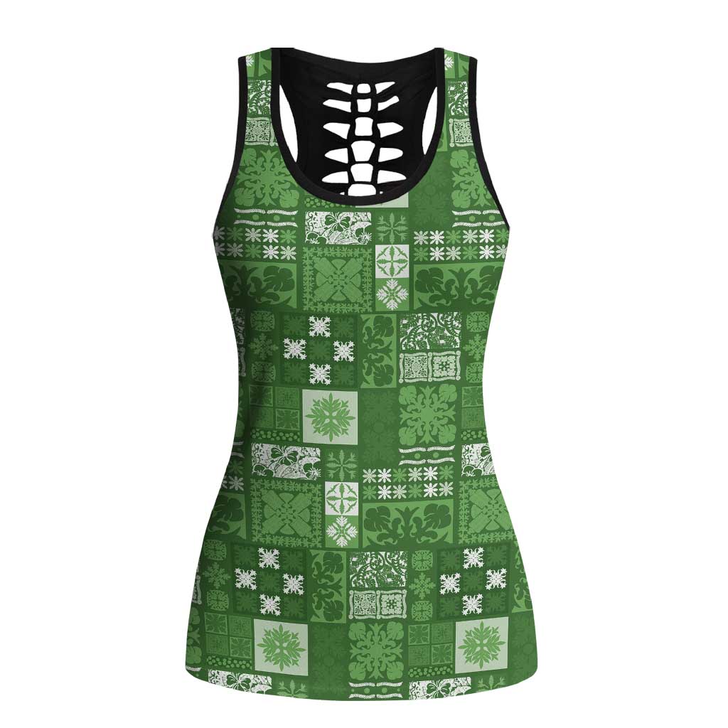 Vintage Hawaiian Quilting Patterns Hollow Tank Top Green Style Tribal Fabric Patchwork LT9 Female Green - Polynesian Pride