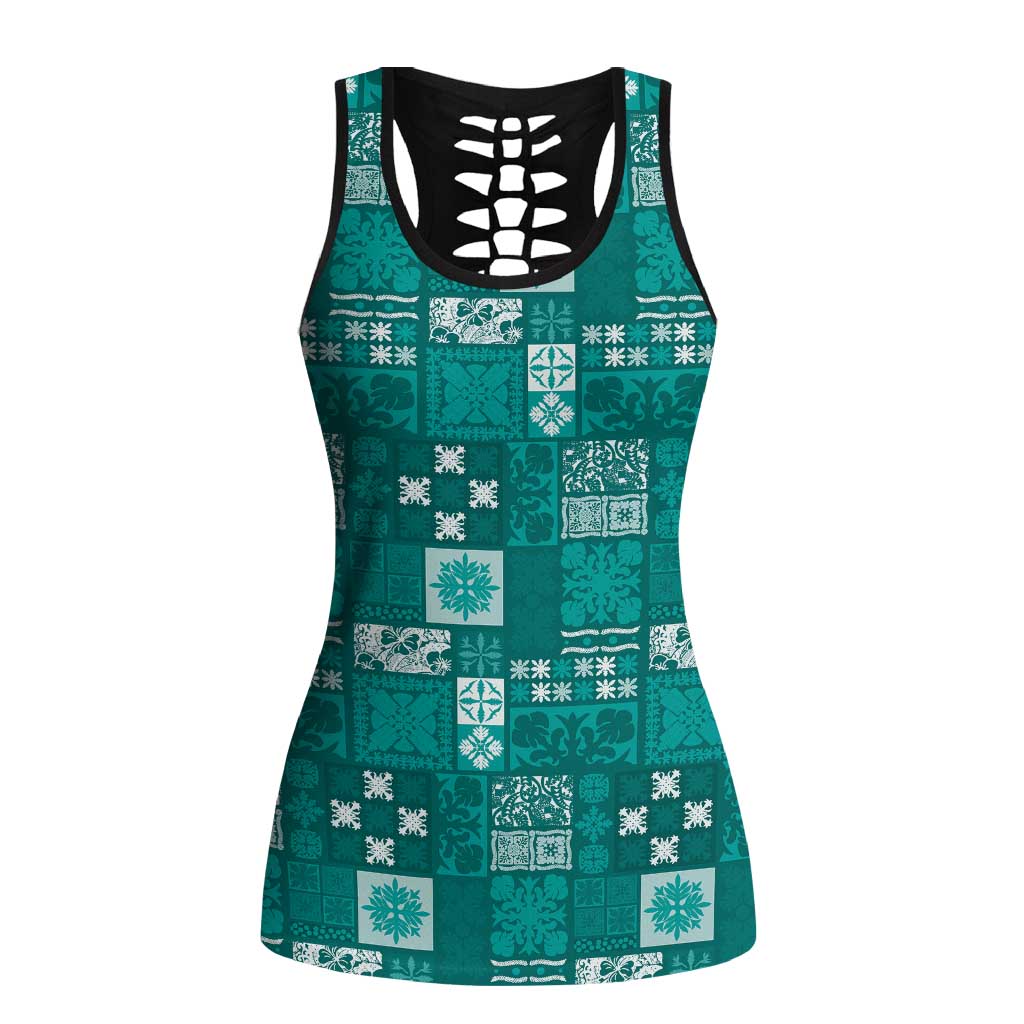 Vintage Hawaiian Quilting Patterns Hollow Tank Top Turquoise Style Tribal Fabric Patchwork LT9 Female Turquoise - Polynesian Pride
