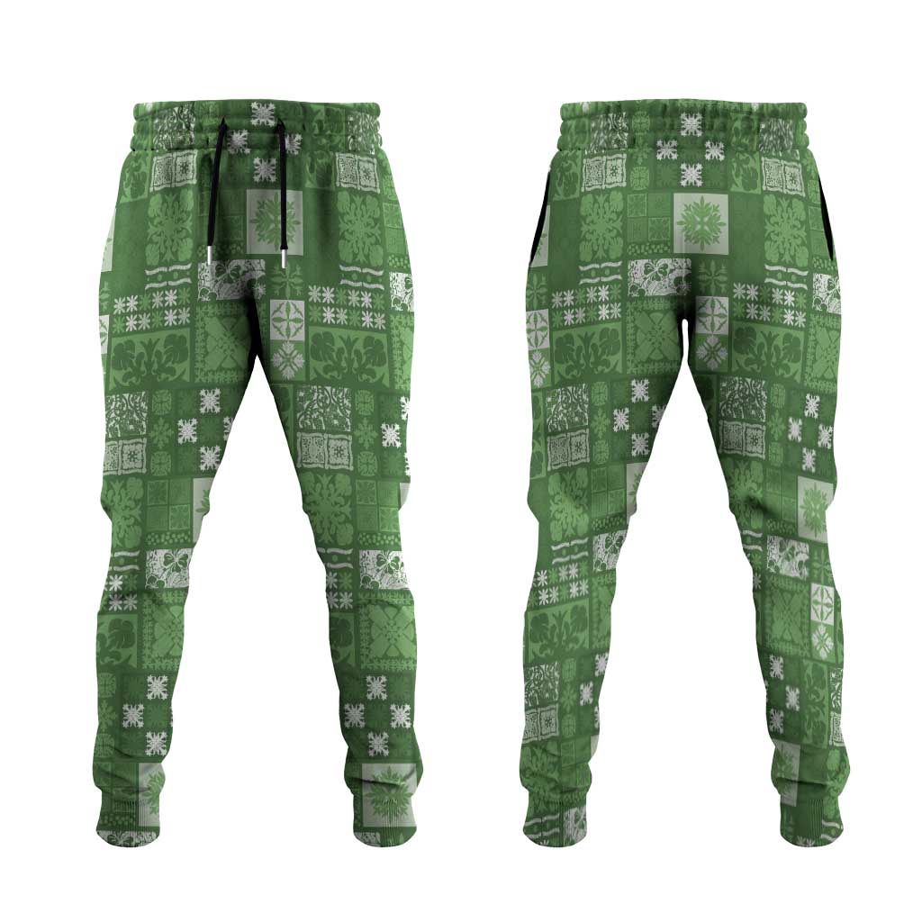 Vintage Hawaiian Quilting Patterns Jogger Pants Green Style Tribal Fabric Patchwork - Polynesian Pride