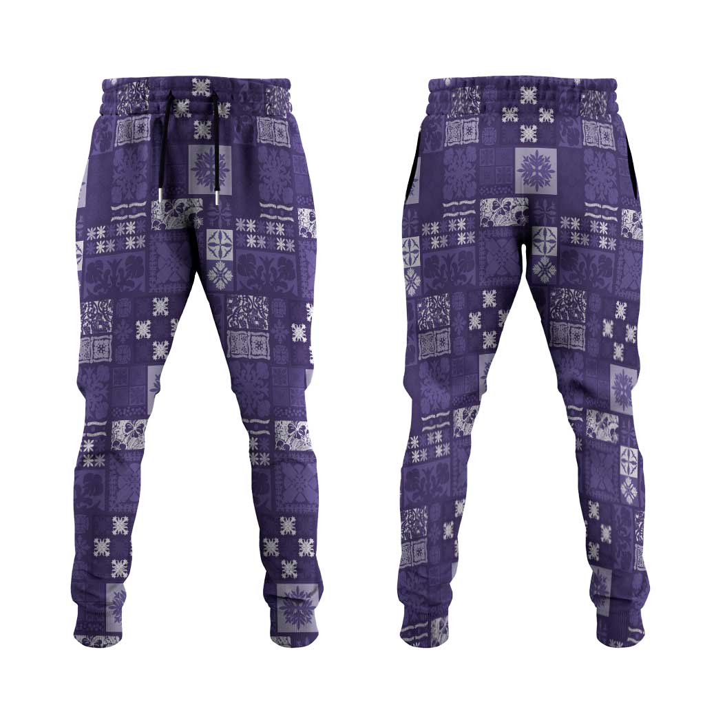 Vintage Hawaiian Quilting Patterns Jogger Pants Purple Style Tribal Fabric Patchwork - Polynesian Pride