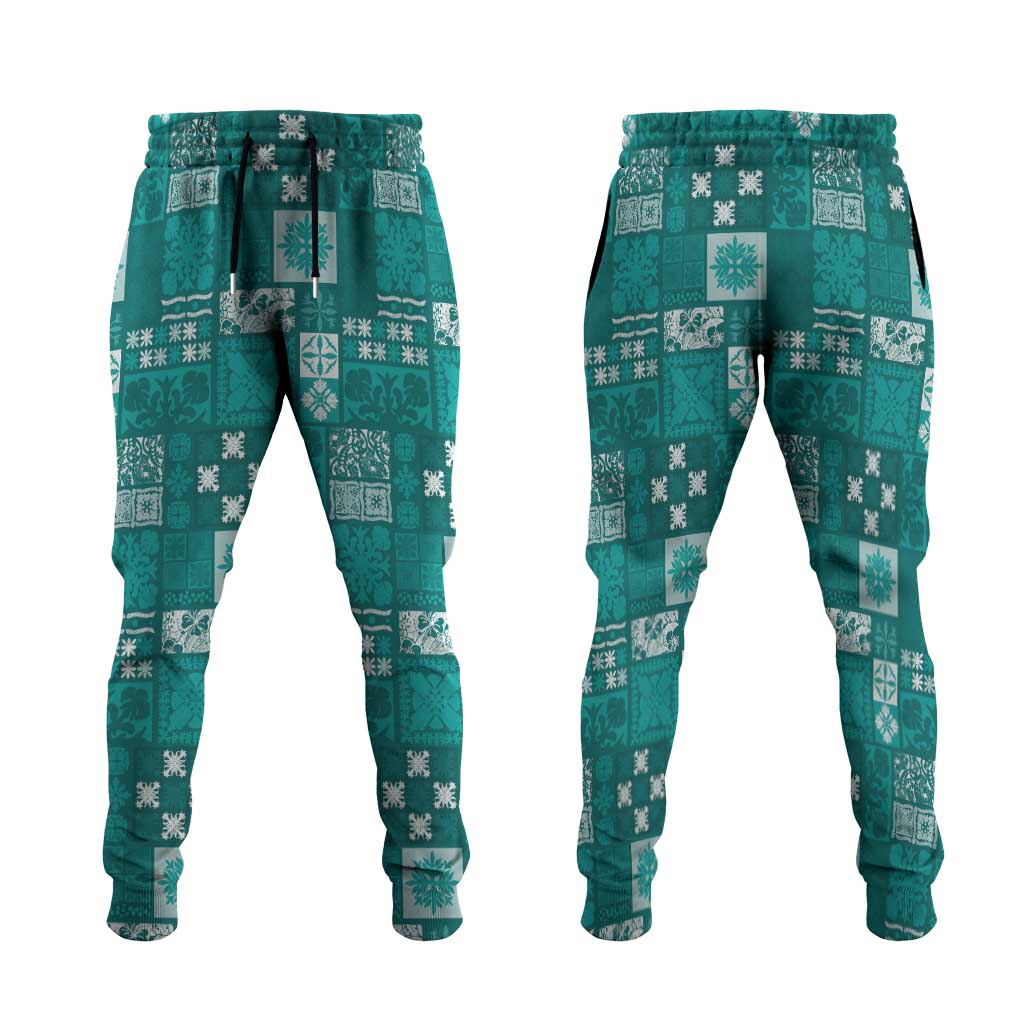Vintage Hawaiian Quilting Patterns Jogger Pants Turquoise Style Tribal Fabric Patchwork - Polynesian Pride