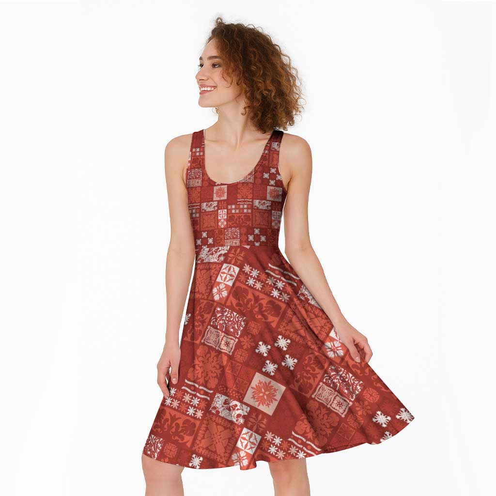 Vintage Hawaiian Quilting Patterns Midi Dress Red Style Tribal Fabric Patchwork - Polynesian Pride