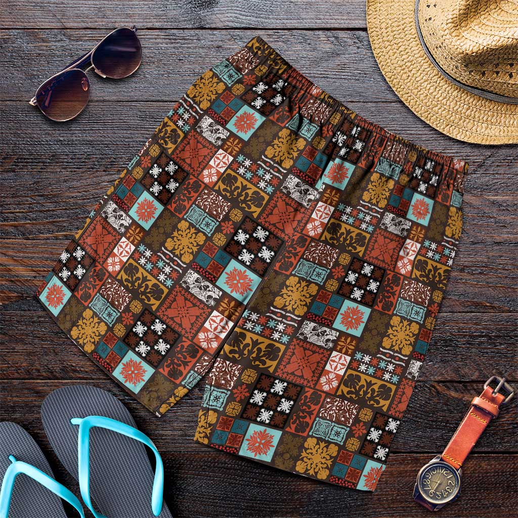 Vintage Hawaiian Quilting Patterns Shorts for Men Brown Style Tribal Fabric Patchwork LT9 Brown - Polynesian Pride