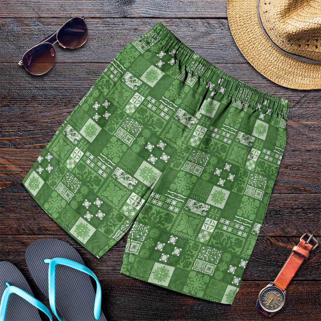 Vintage Hawaiian Quilting Patterns Shorts for Men Green Style Tribal Fabric Patchwork LT9 Green - Polynesian Pride