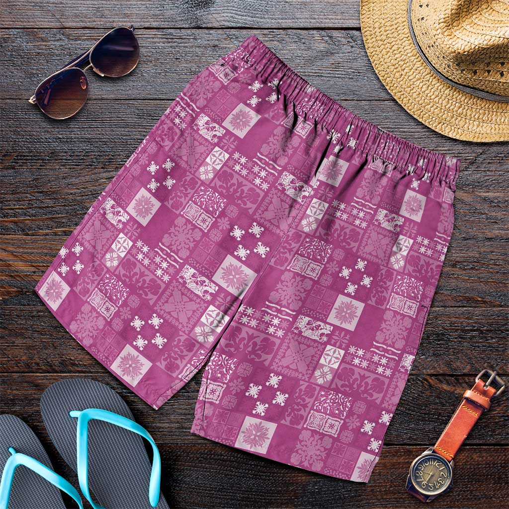 Vintage Hawaiian Quilting Patterns Shorts for Men Pink Style Tribal Fabric Patchwork LT9 Pink - Polynesian Pride