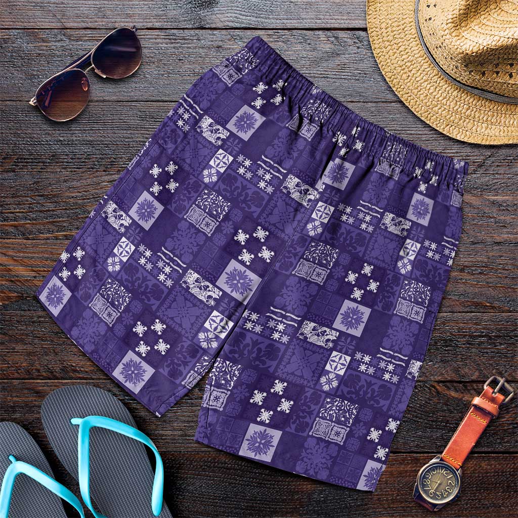 Vintage Hawaiian Quilting Patterns Shorts for Men Purple Style Tribal Fabric Patchwork LT9 Purple - Polynesian Pride