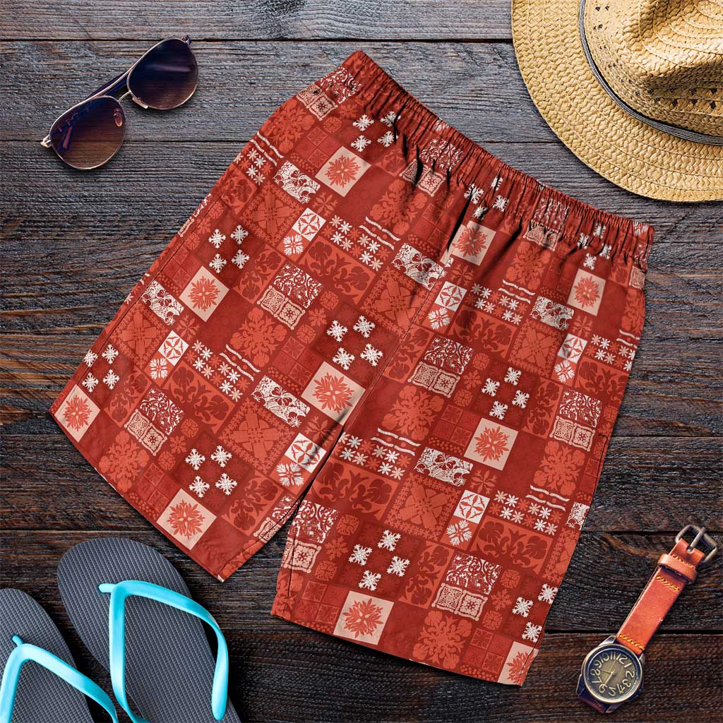 Vintage Hawaiian Quilting Patterns Shorts for Men Red Style Tribal Fabric Patchwork LT9 Red - Polynesian Pride