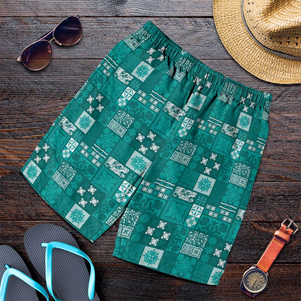 Vintage Hawaiian Quilting Patterns Shorts for Men Turquoise Style Tribal Fabric Patchwork LT9 Turquoise - Polynesian Pride