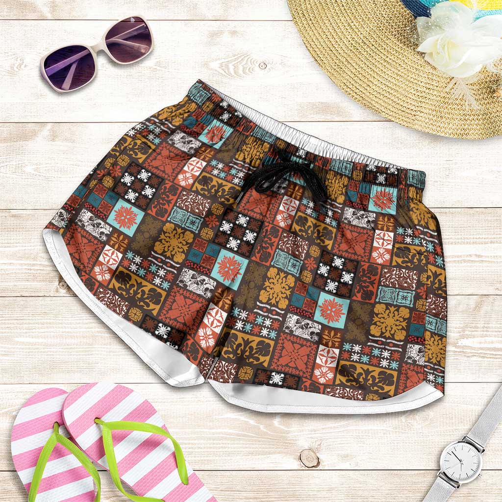 Vintage Hawaiian Quilting Patterns Shorts for Women Brown Style Tribal Fabric Patchwork - Polynesian Pride