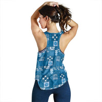 Vintage Hawaiian Quilting Patterns Women Racerback Tank Blue Style Tribal Fabric Patchwork - Polynesian Pride