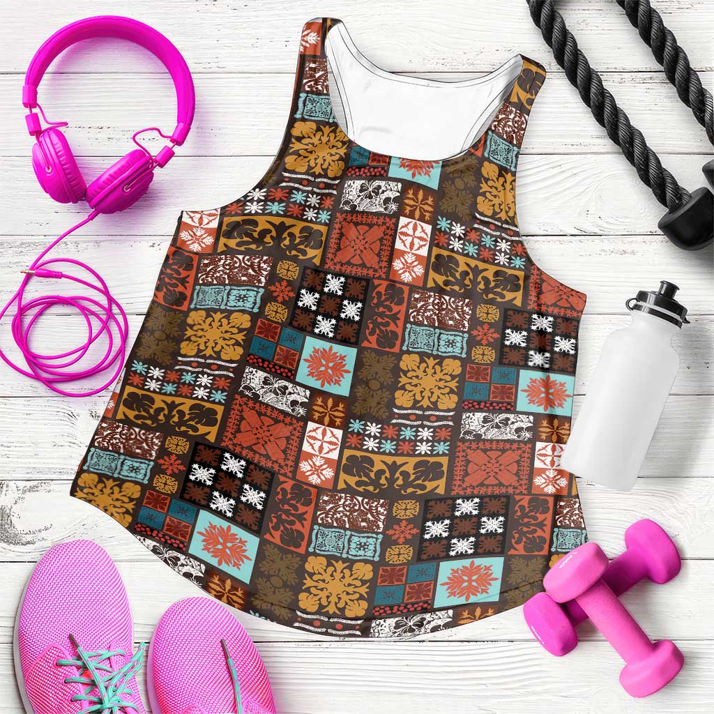 Vintage Hawaiian Quilting Patterns Women Racerback Tank Brown Style Tribal Fabric Patchwork - Polynesian Pride