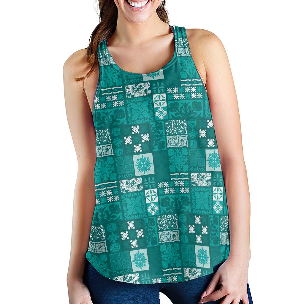 Vintage Hawaiian Quilting Patterns Women Racerback Tank Turquoise Style Tribal Fabric Patchwork - Polynesian Pride