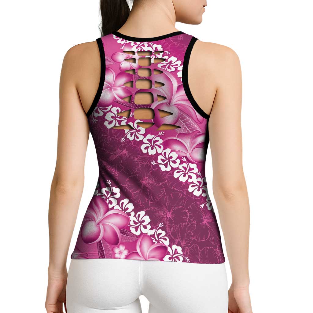 Vintage Pink Polynesia Hollow Tank Top Plumeria With Hibiscus Tropical Vibes - Polynesian Pride