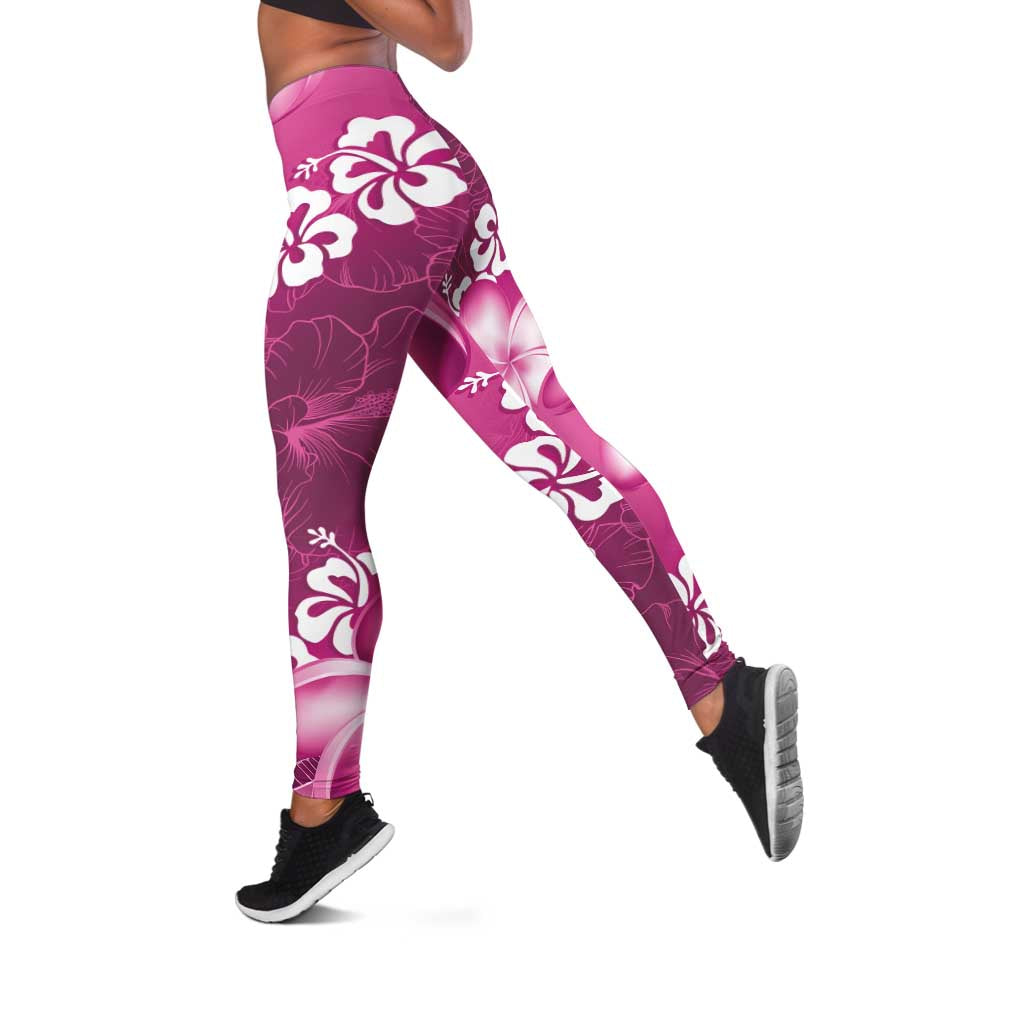 Vintage Pink Polynesia Leggings Plumeria With Hibiscus Tropical Vibes - Polynesian Pride