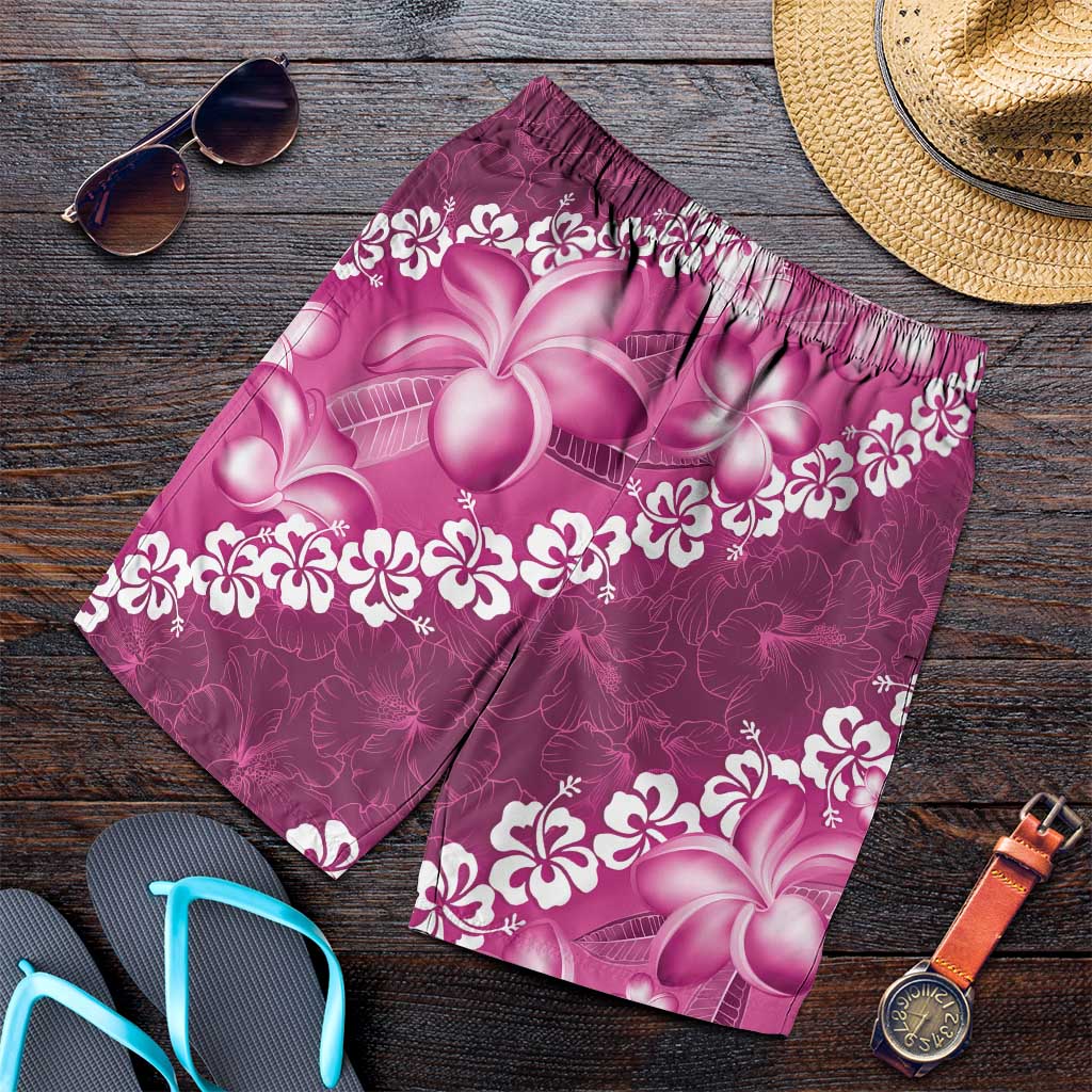 Vintage Pink Polynesia Shorts for Men Plumeria With Hibiscus Tropical Vibes - Polynesian Pride