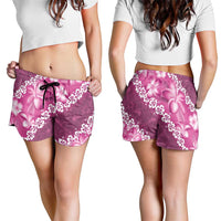 Vintage Pink Polynesia Shorts for Women Plumeria With Hibiscus Tropical Vibes - Polynesian Pride