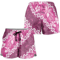 Vintage Pink Polynesia Shorts for Women Plumeria With Hibiscus Tropical Vibes - Polynesian Pride
