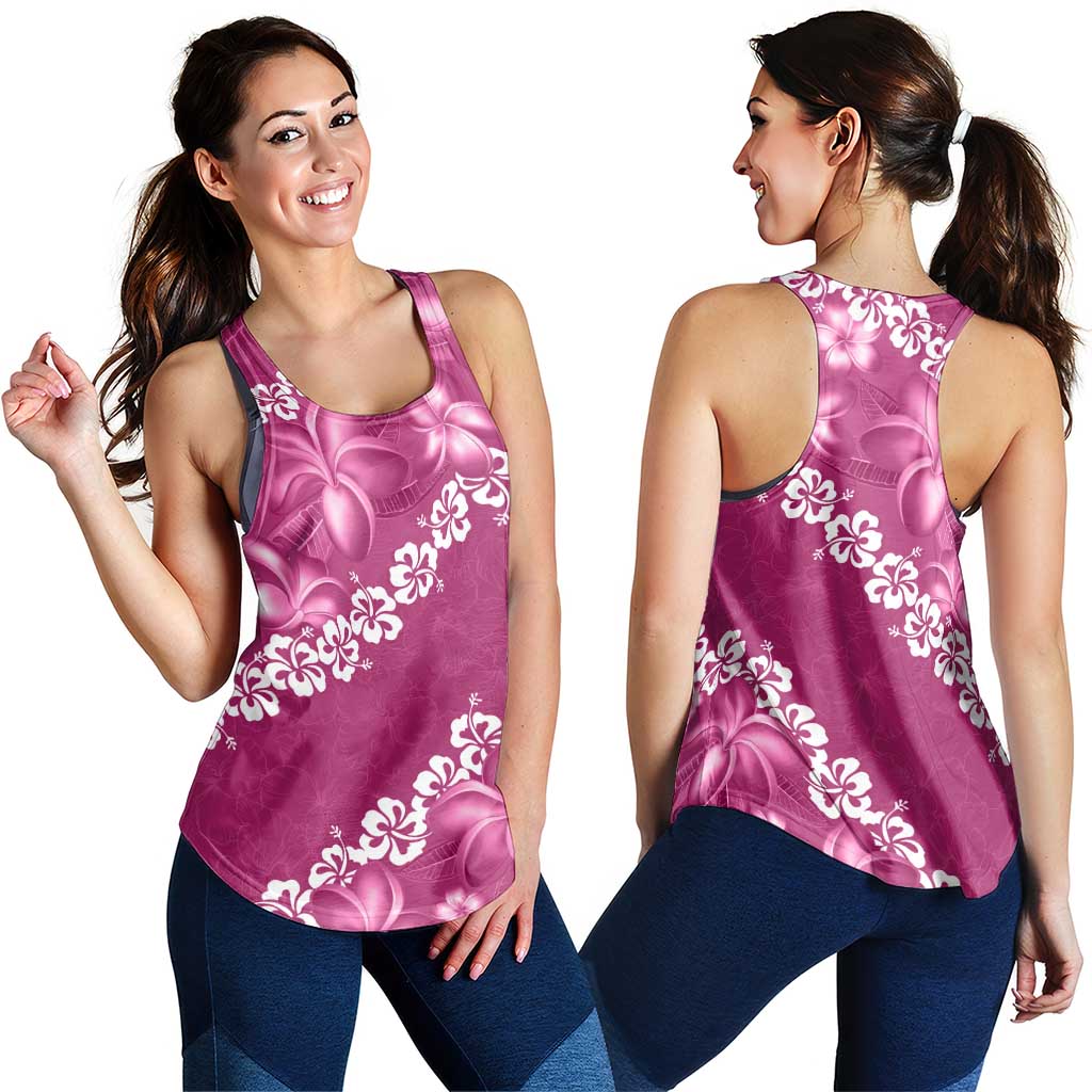 Vintage Pink Polynesia Women Racerback Tank Plumeria With Hibiscus Tropical Vibes - Polynesian Pride