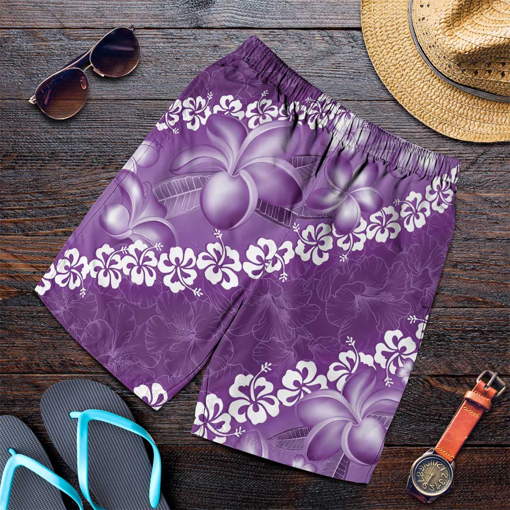 Vintage Purple Polynesia Shorts for Men Plumeria With Hibiscus Tropical Vibes - Polynesian Pride