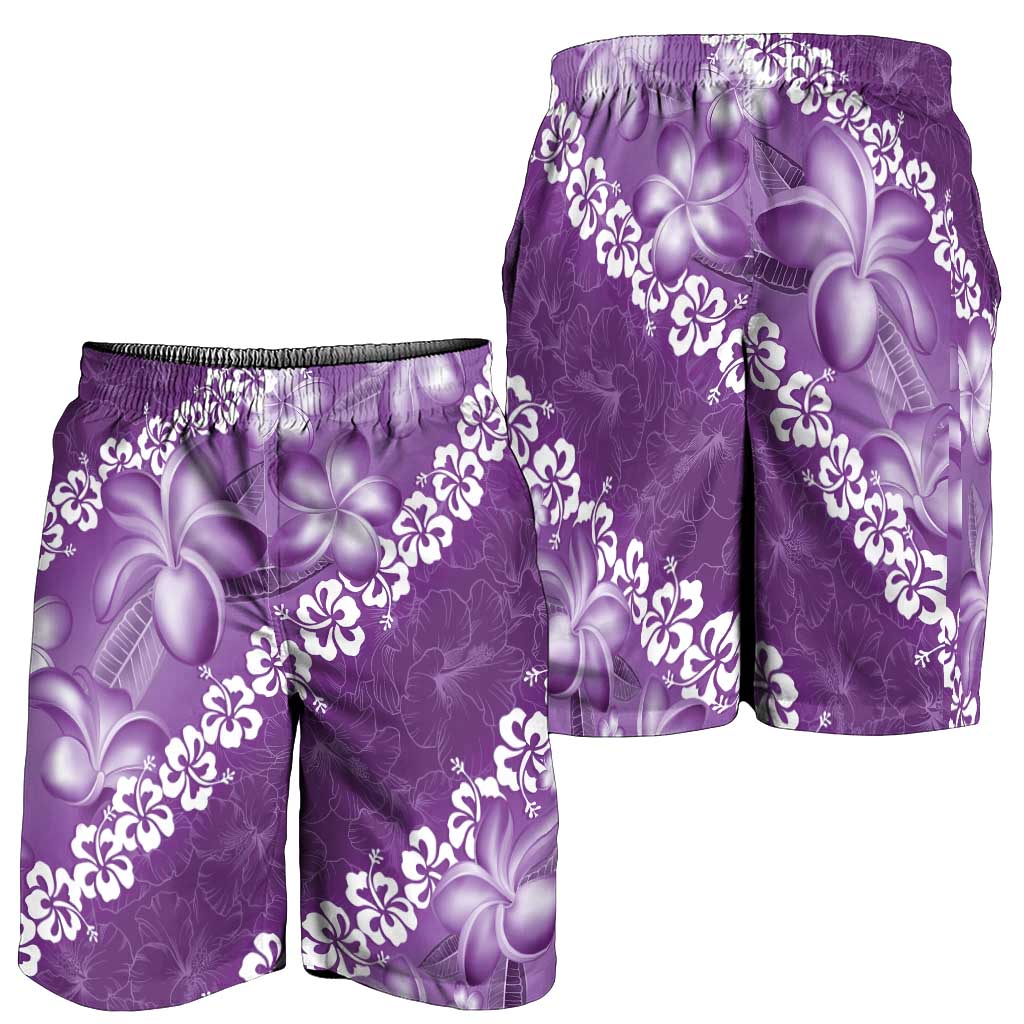 Vintage Purple Polynesia Shorts for Men Plumeria With Hibiscus Tropical Vibes - Polynesian Pride