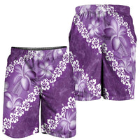 Vintage Purple Polynesia Shorts for Men Plumeria With Hibiscus Tropical Vibes - Polynesian Pride
