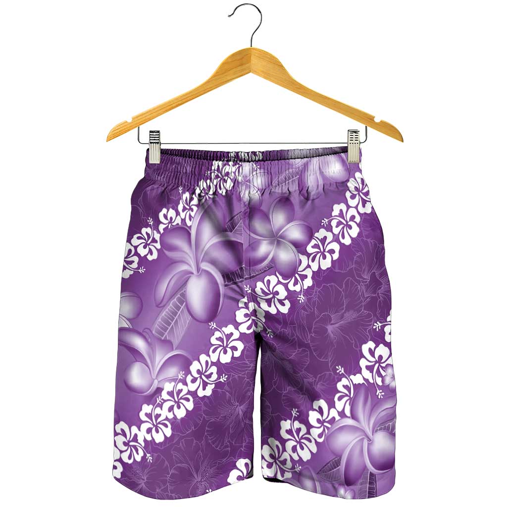 Vintage Purple Polynesia Shorts for Men Plumeria With Hibiscus Tropical Vibes - Polynesian Pride