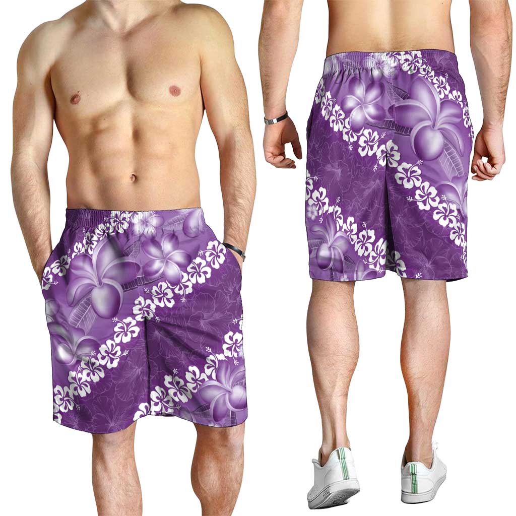Vintage Purple Polynesia Shorts for Men Plumeria With Hibiscus Tropical Vibes - Polynesian Pride