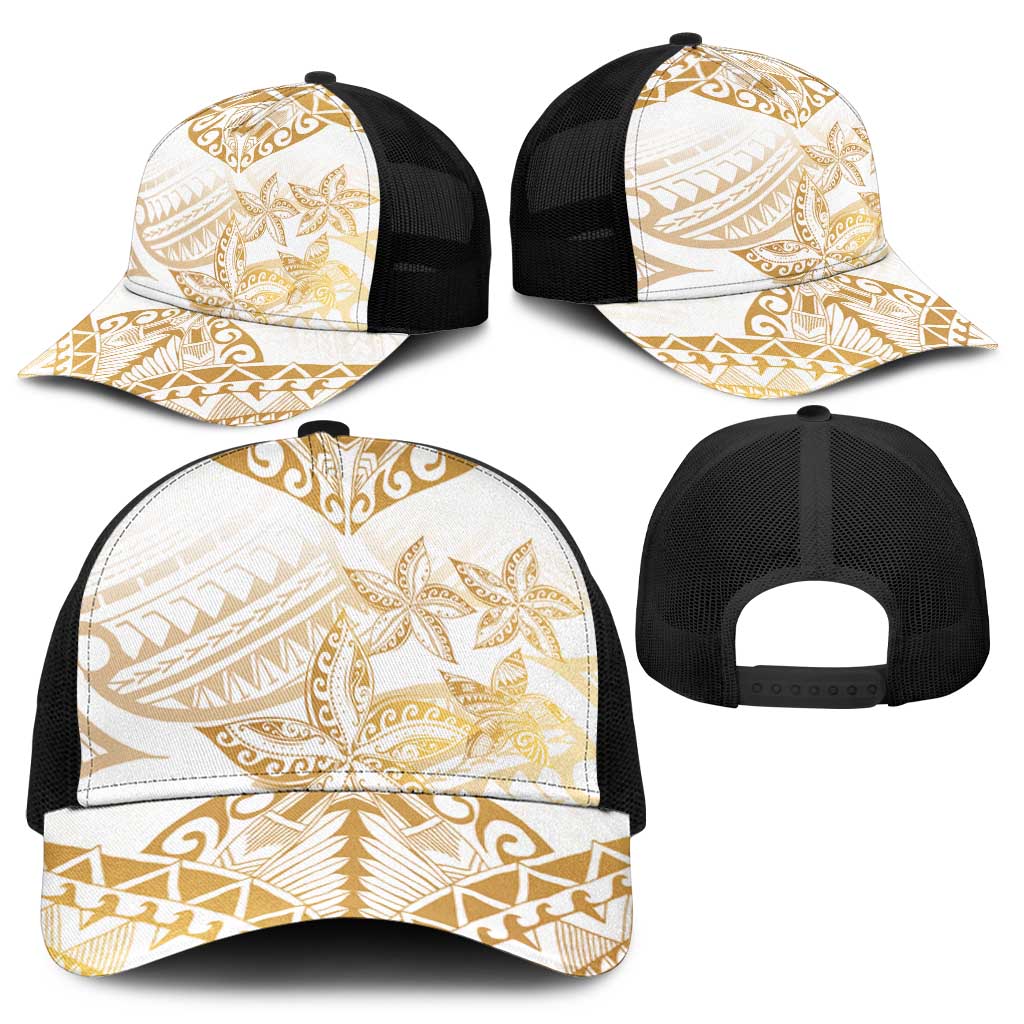 White and Gold Polynesia Mesh Trucker Cap Plumeria Tattoo With Polynesian Pattern - Polynesian Pride