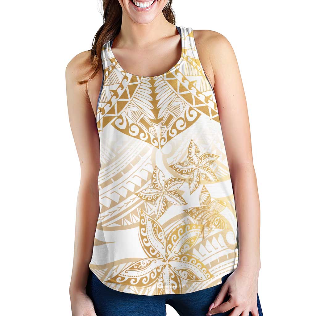 White and Gold Polynesia Women Racerback Tank Plumeria Tattoo With Polynesian Pattern LT14 - Polynesian Pride