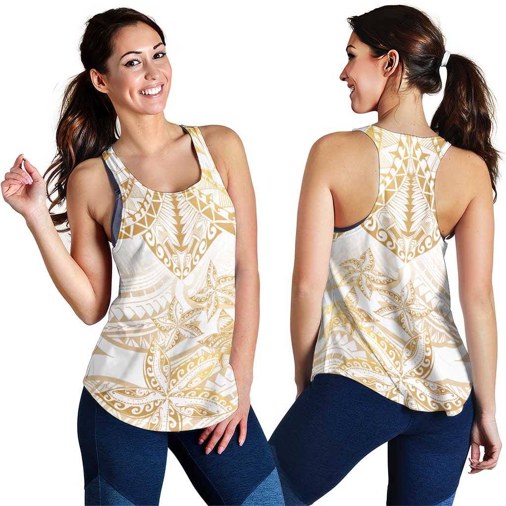 White and Gold Polynesia Women Racerback Tank Plumeria Tattoo With Polynesian Pattern LT14 - Polynesian Pride