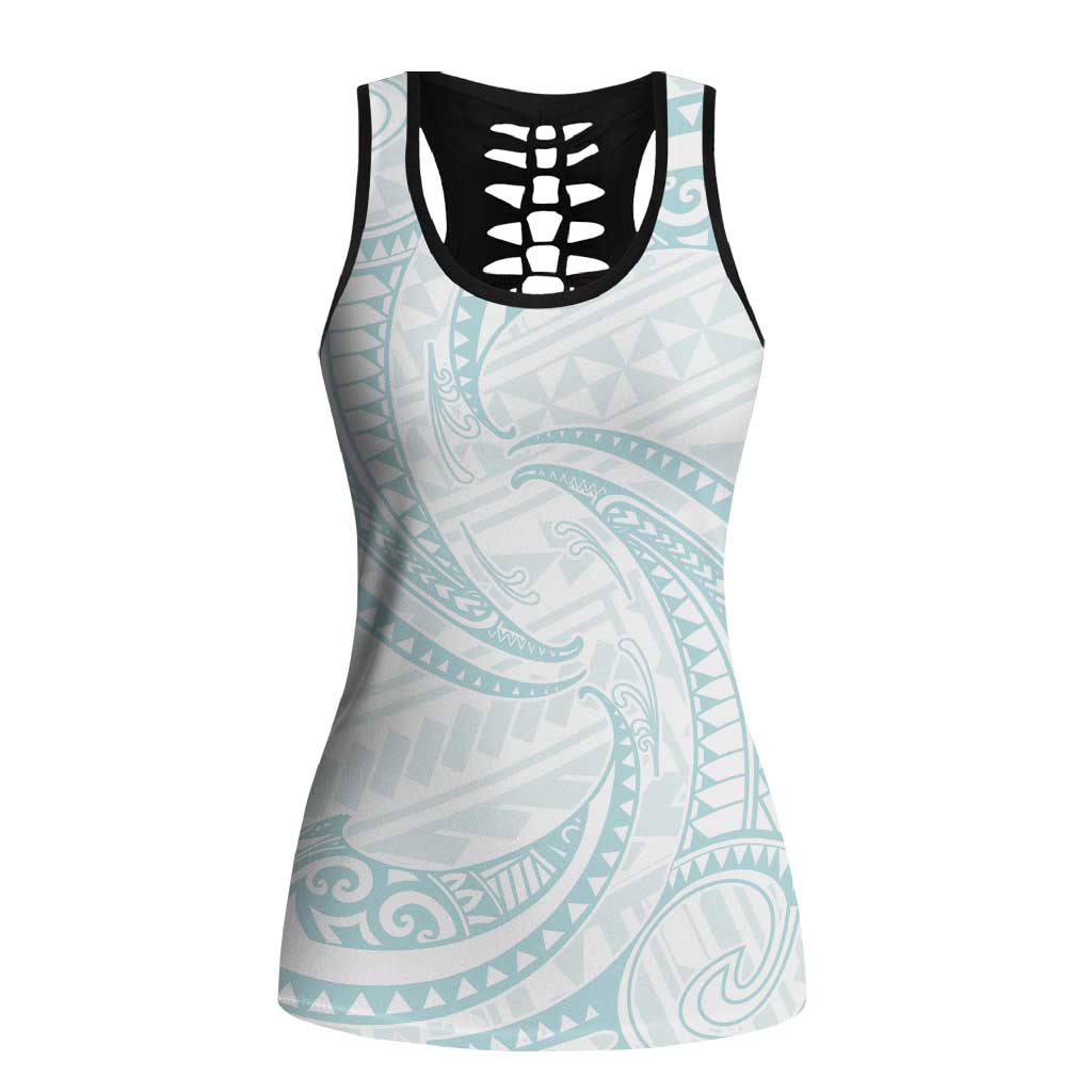 White Sunday Lotu Tamaiti Hollow Tank Top Polynesian Wave Pastel Cyan - Polynesian Pride