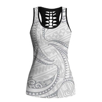 White Sunday Lotu Tamaiti Hollow Tank Top Polynesian Wave Pastel Gray - Polynesian Pride