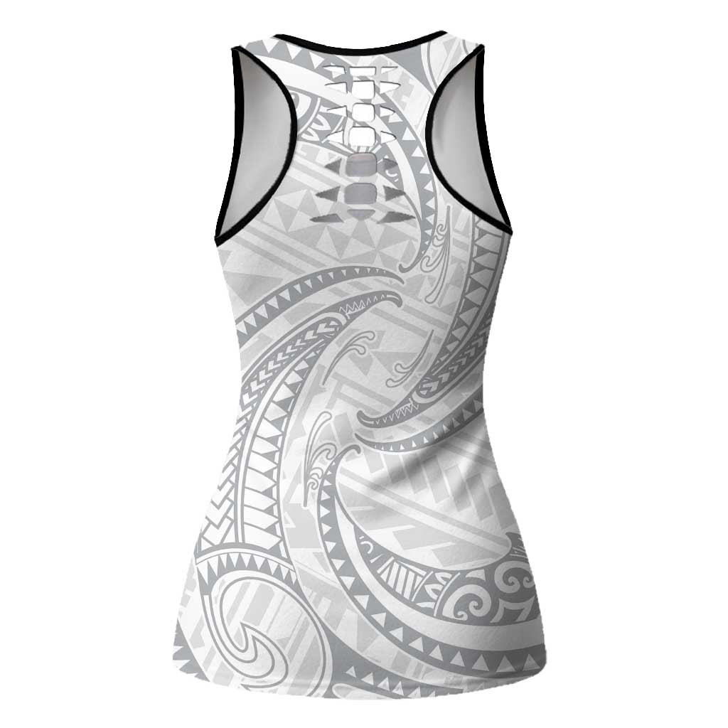 White Sunday Lotu Tamaiti Hollow Tank Top Polynesian Wave Pastel Gray - Polynesian Pride