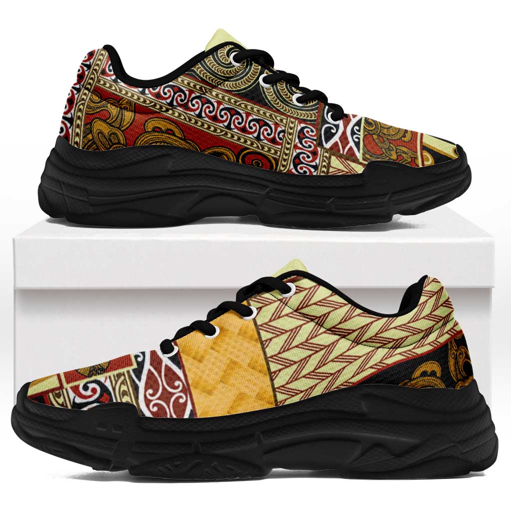 Yellow Aotearoa Kowhaiwhai Pattern Chunky Sneakers NZ Maori Quilt Style - Polynesian Pride