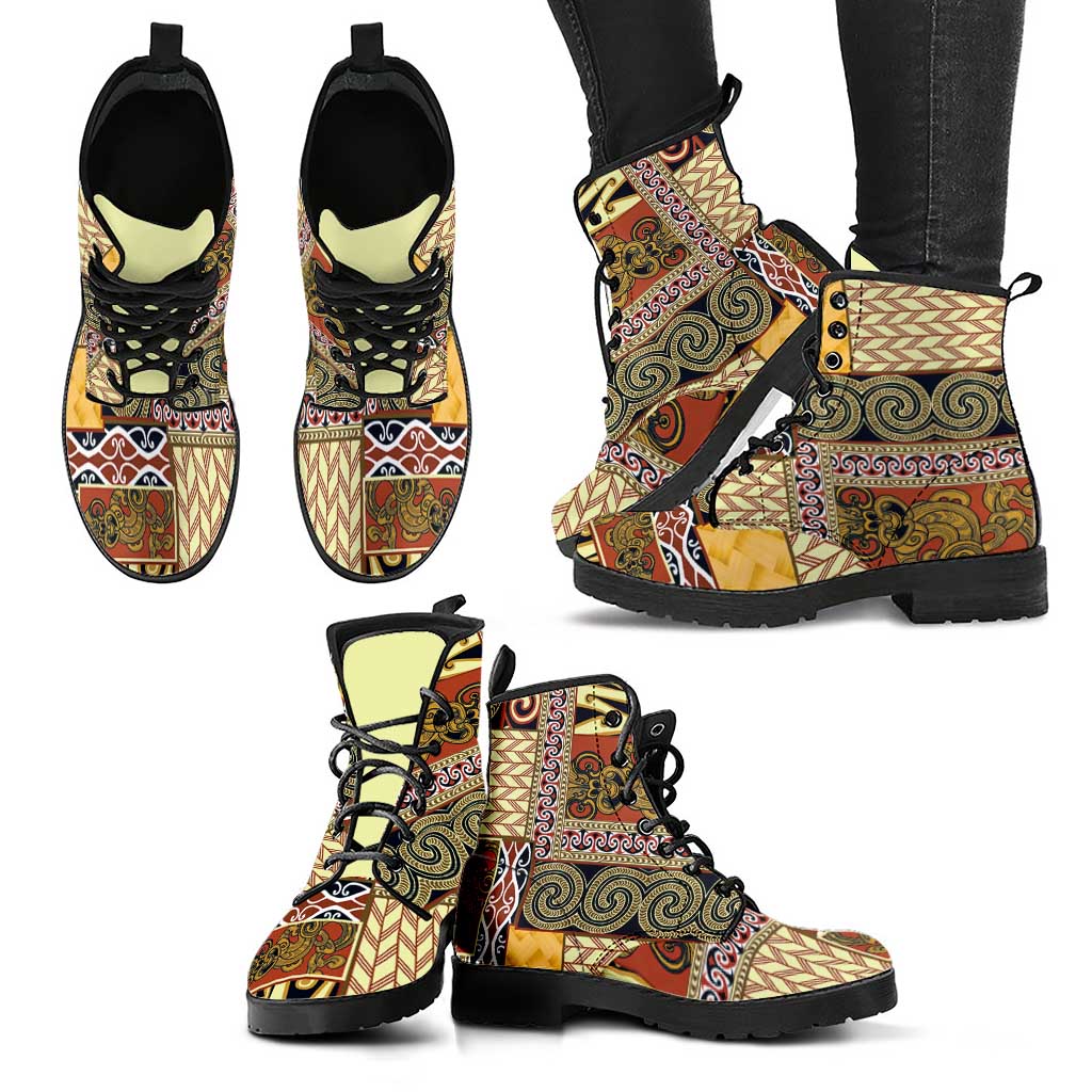 Yellow Aotearoa Kowhaiwhai Pattern Leather Boots NZ Maori Quilt Style - Polynesian Pride