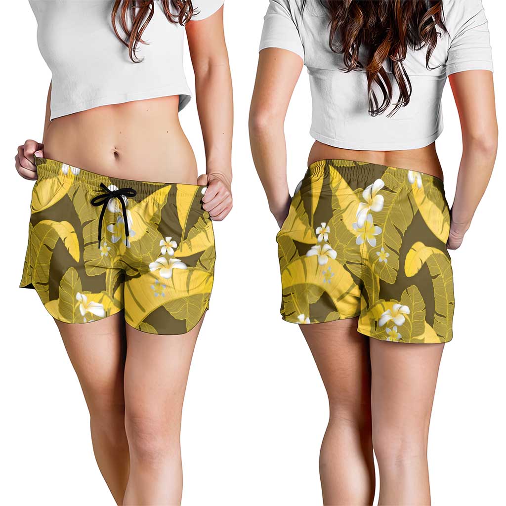 Yellow Banana Leaf Hawaii Shorts for Women Lau Maia Plumeria Tropical Summer Vibes
