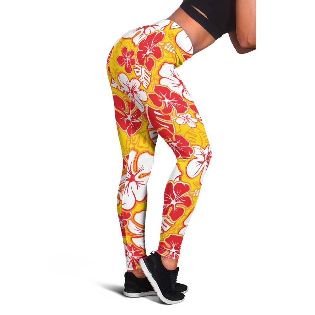 Yellow Hawaii Hibiscus Leggings Tropical Flowers Seamless Pattern - Polynesian Pride
