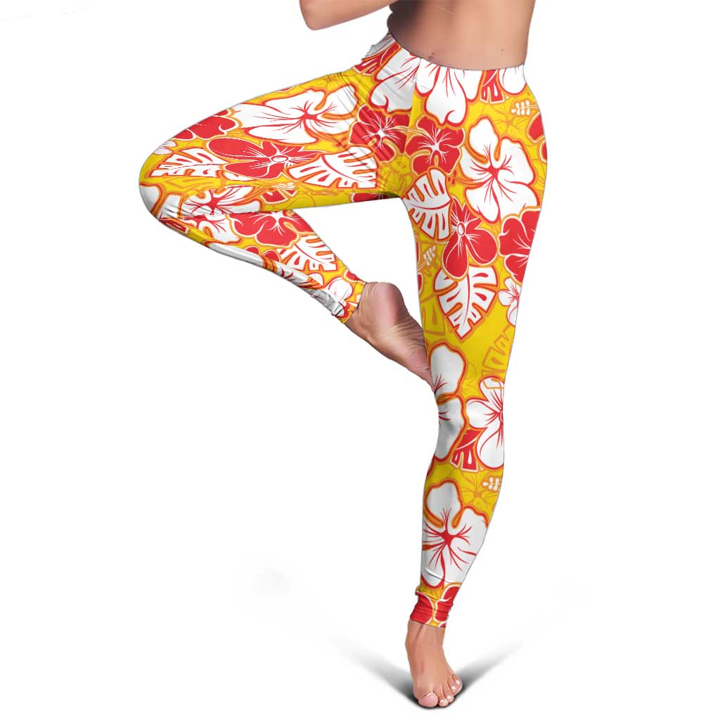 Yellow Hawaii Hibiscus Leggings Tropical Flowers Seamless Pattern - Polynesian Pride