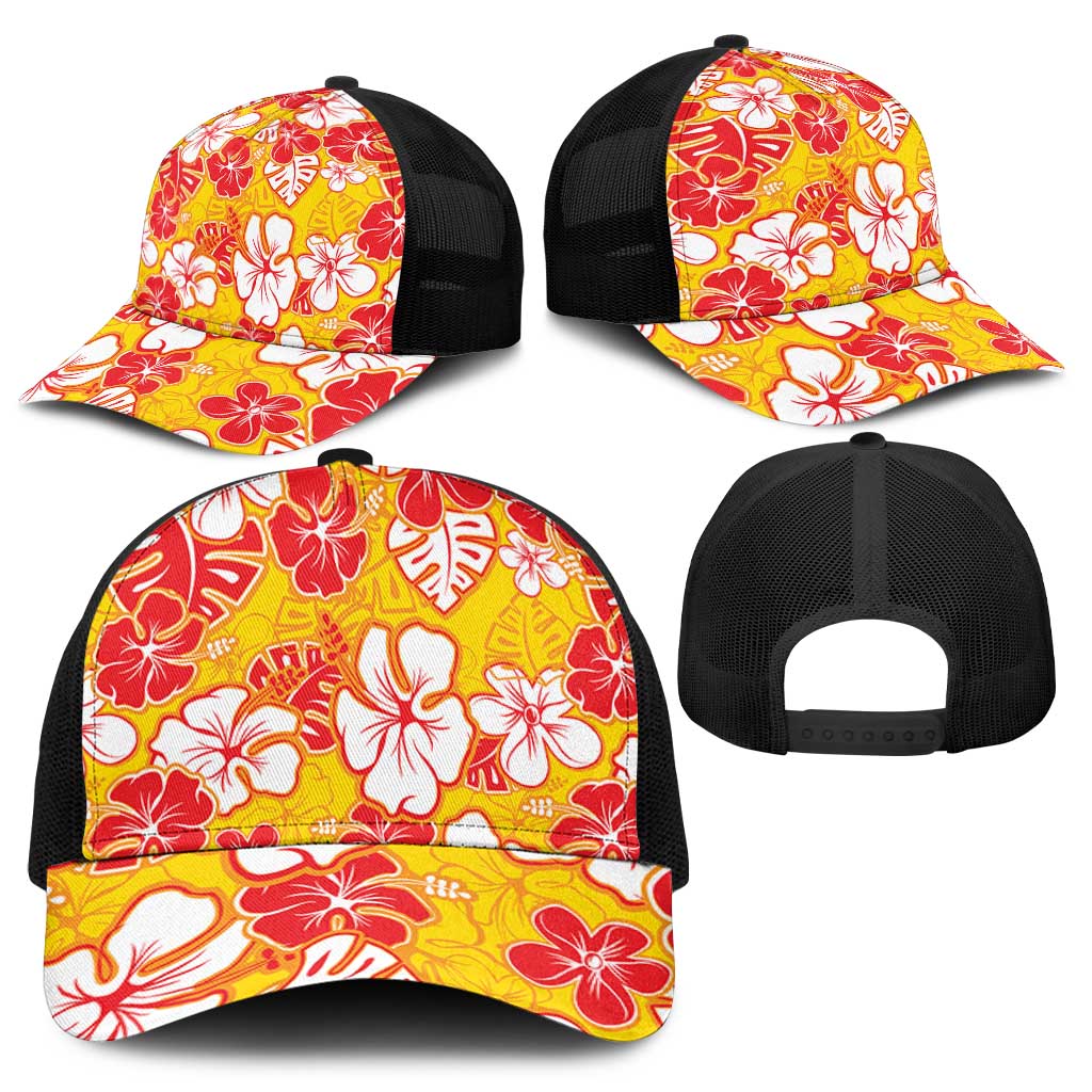 Yellow Hawaii Hibiscus Mesh Trucker Cap Tropical Flowers Seamless Pattern - Polynesian Pride