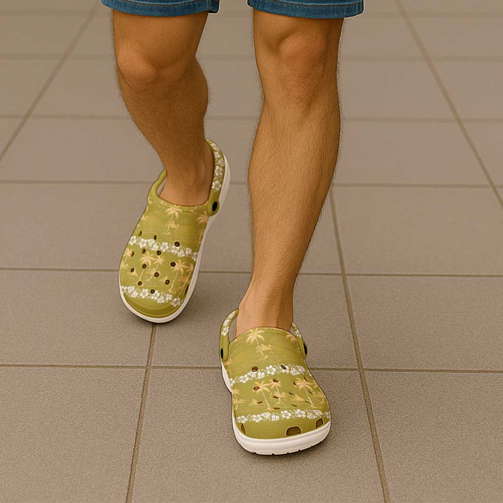 Yellow Hawaii Palm Tree Hibiscus Clogs Shoes Fantasy Summer Vibe