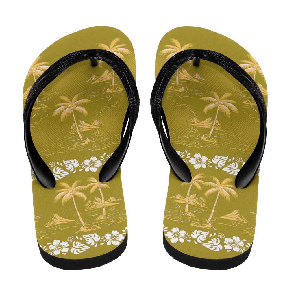 Yellow Hawaii Palm Tree Hibiscus Flip Flops Fantasy Summer Vibe