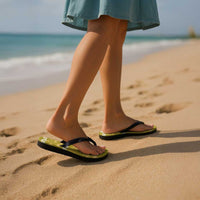 Yellow Hawaii Palm Tree Hibiscus Flip Flops Fantasy Summer Vibe