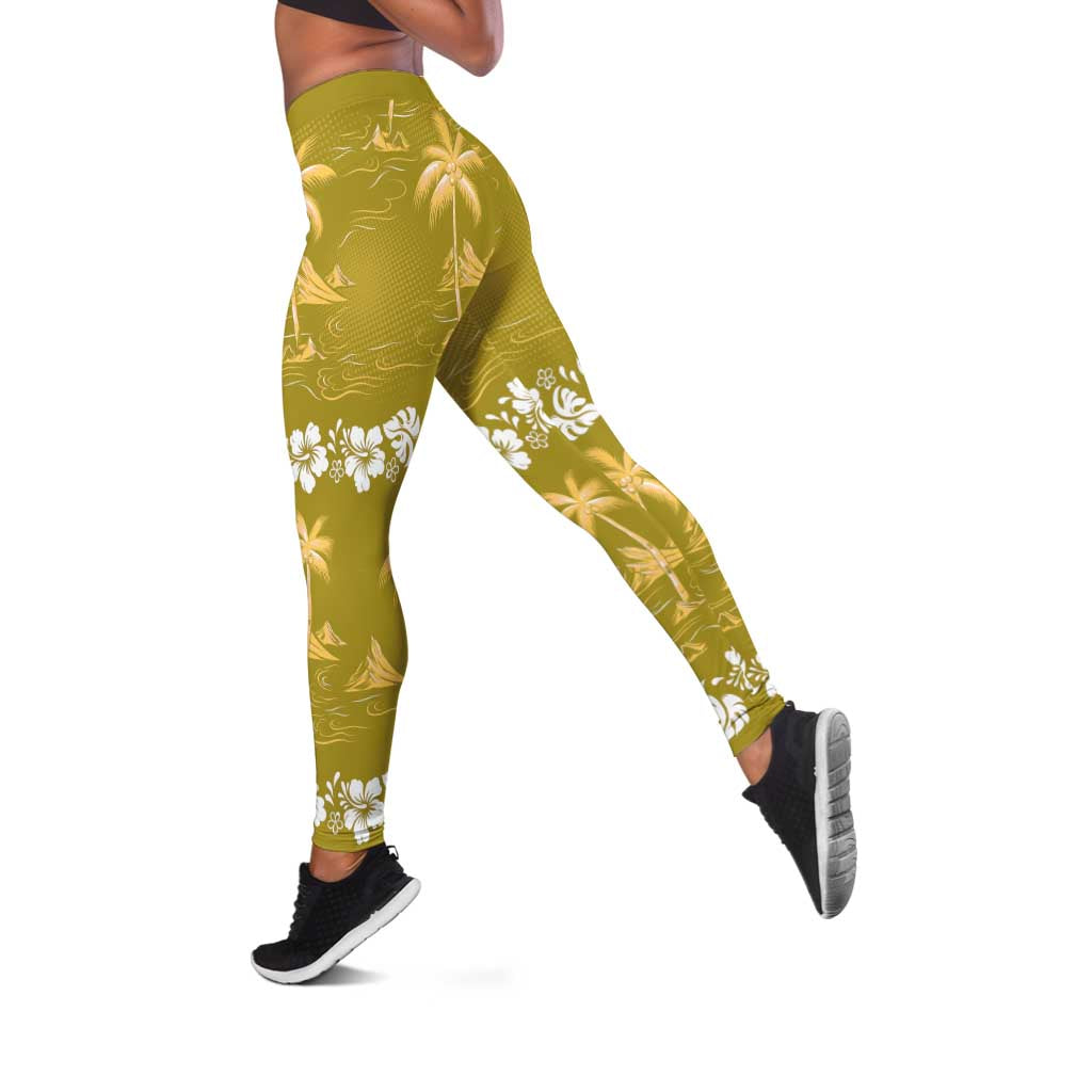 Yellow Hawaii Palm Tree Hibiscus Leggings Fantasy Summer Vibe
