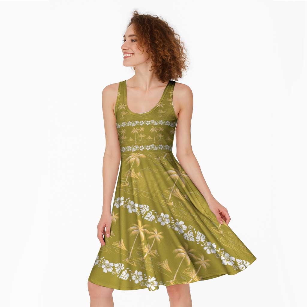 Yellow Hawaii Palm Tree Hibiscus Midi Dress Fantasy Summer Vibe