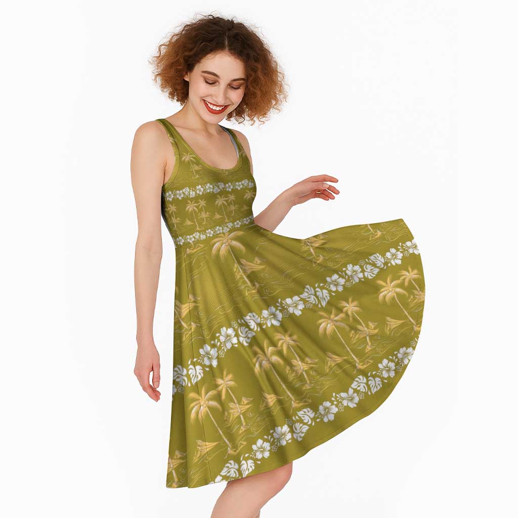 Yellow Hawaii Palm Tree Hibiscus Midi Dress Fantasy Summer Vibe