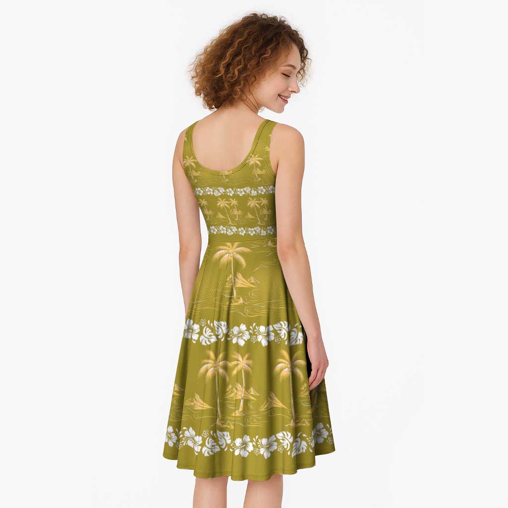 Yellow Hawaii Palm Tree Hibiscus Midi Dress Fantasy Summer Vibe