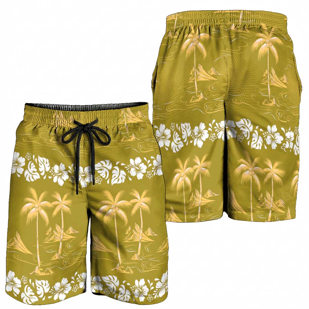 Yellow Hawaii Palm Tree Hibiscus Shorts for Men Fantasy Summer Vibe