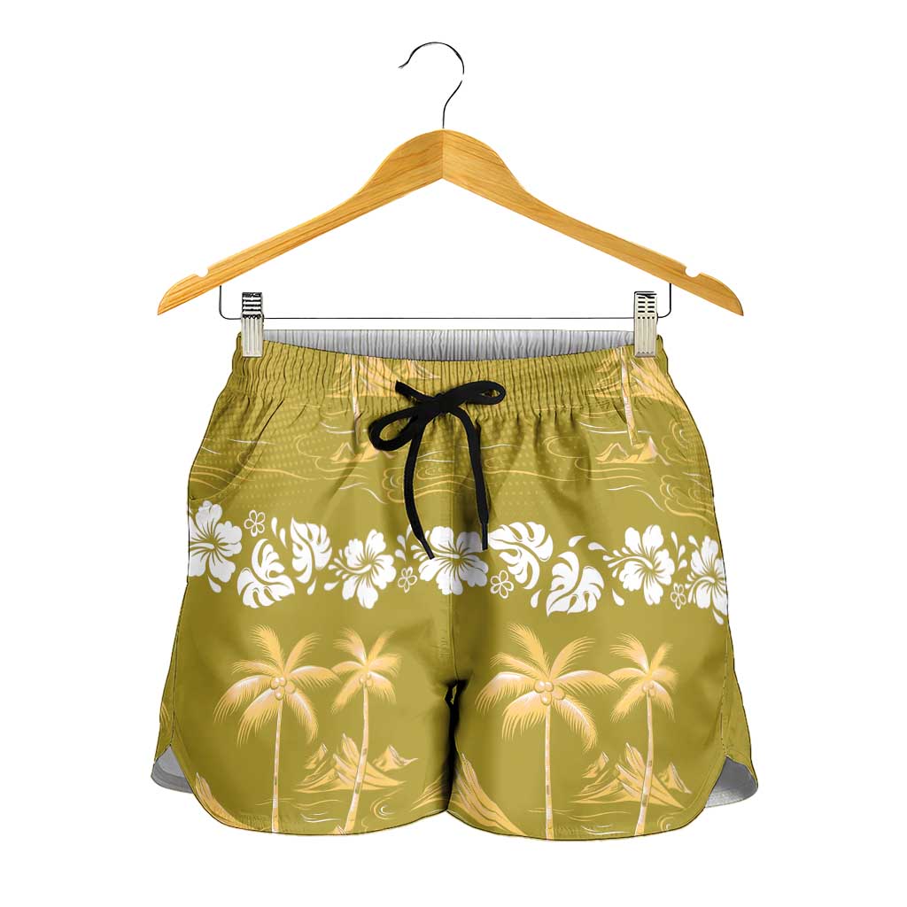 Yellow Hawaii Palm Tree Hibiscus Shorts for Women Fantasy Summer Vibe